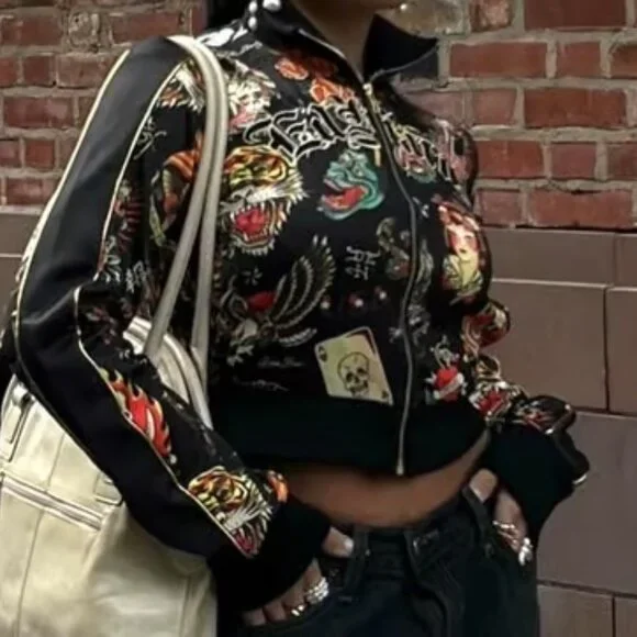 NEW Ed Hardy Crop Flashboard Black Tattoo Track Jacket Sz M - Picture 15 of 15